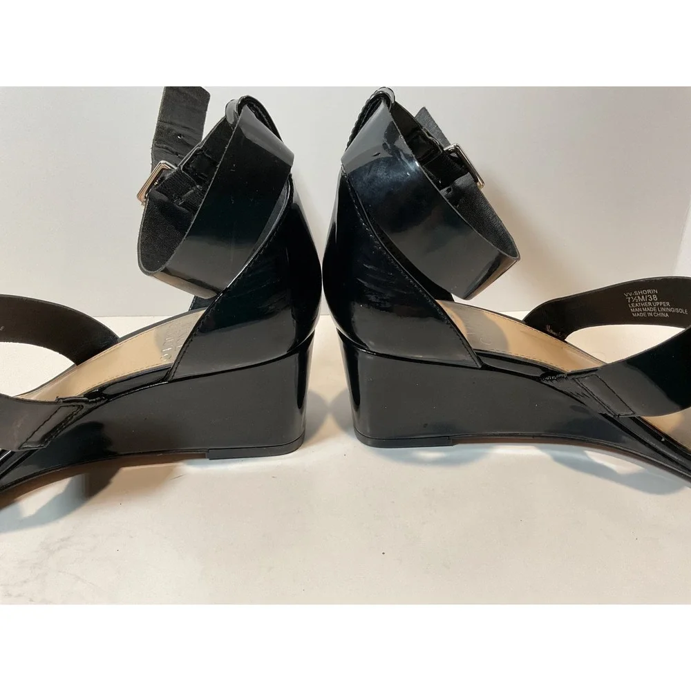 Vince Camuto Black Patent Leather Wedge Sandals Ankle Strap Sz‎ 7.5M